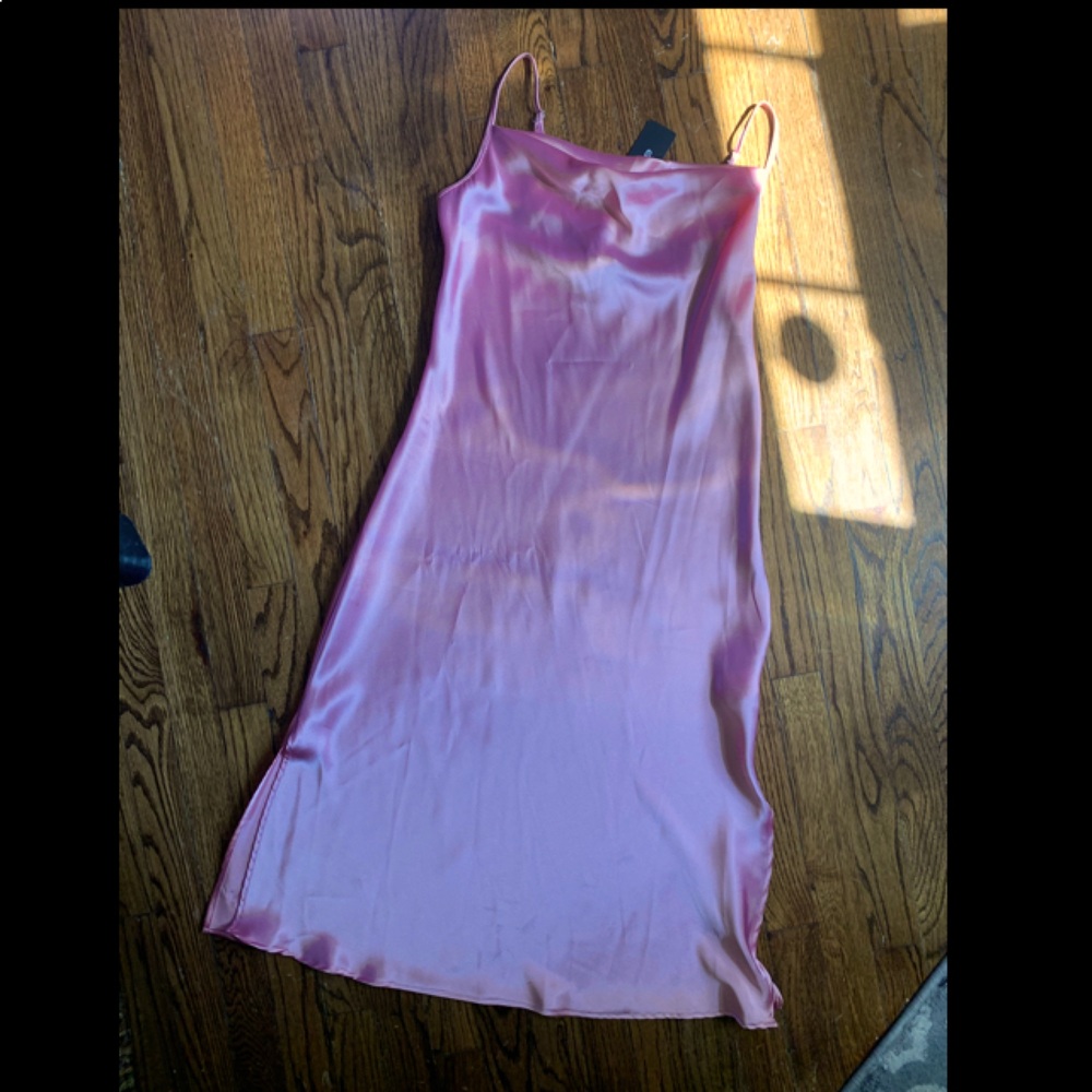 Bebe silky satin pink cowl neck slit dress
